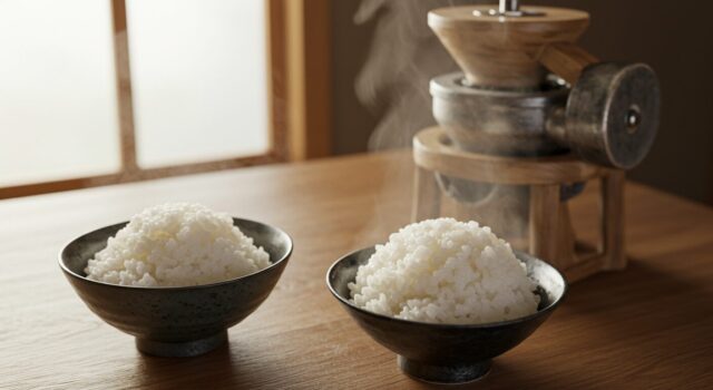 Photorealistic image of a Japanese dining setting. A bowl of perfectly cooked, glossy white rice, steam gently rising. Next to it, a contemporary home rice milling machine. The scene is bathed in soft, natural morning light, creating a clean, appealing, and slightly rustic aesthetic. Shallow depth of field, focusing on the rice and mill.