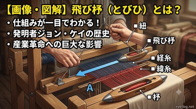 【画像・図解】飛び杼（とびひ）とは？仕組みが一目でわかる。発明者ジョン・ケイの歴史と産業革命への巨大な影響。経糸、緯糸、飛び杼、紐、杼のラベル付き織機の解説。
