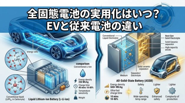 全固態電池とリチウムイオン電池の違いおよびEV実用化時期を比較解説したアイキャッチ画像