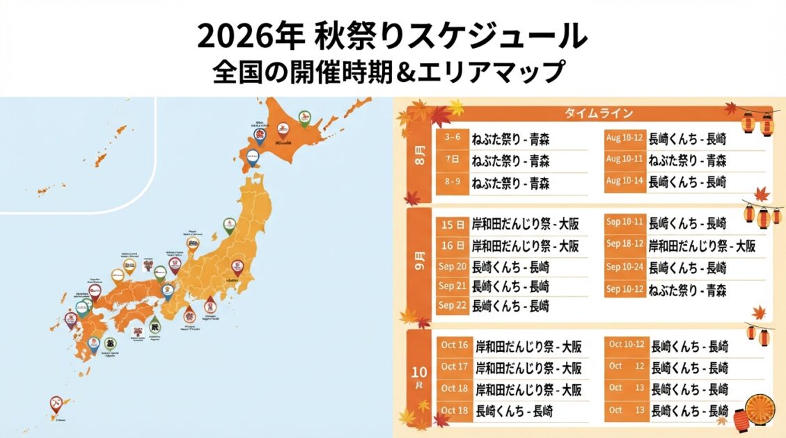 2026年秋(8月〜10月)に開催される全国の有名お祭りスケジュールと開催地マップ図解