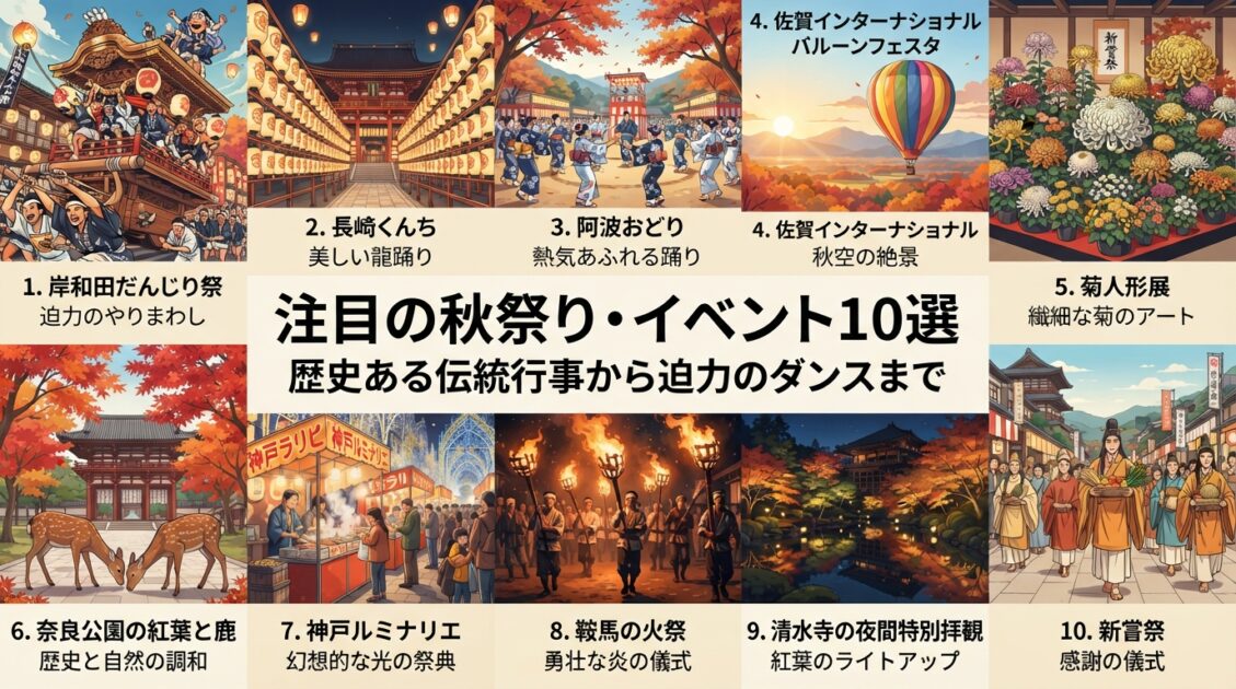 岸和田だんじり祭や川越まつり・どまつりなど全国の注目秋祭り10選のハイライトイラスト