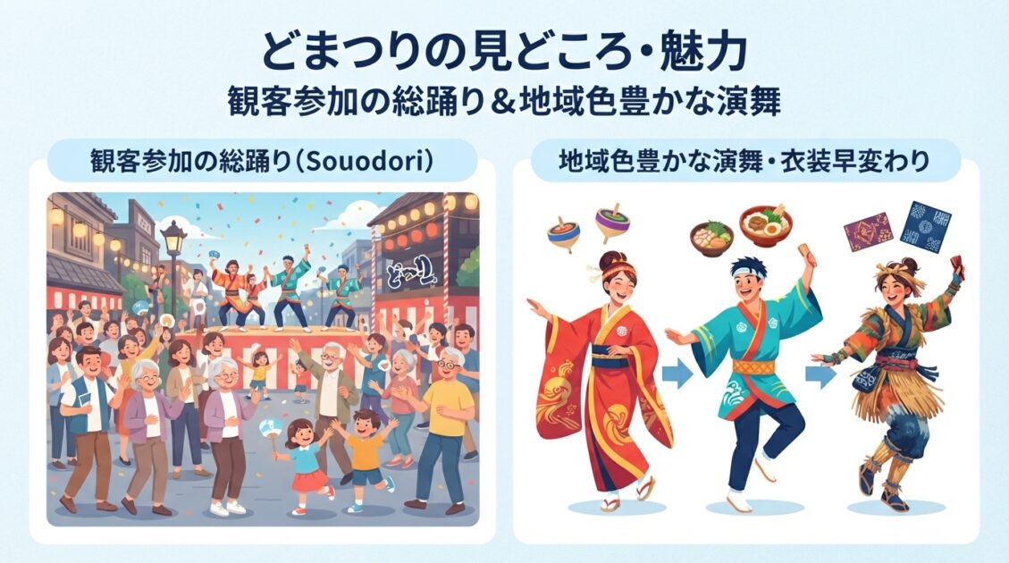 どまつり名物「総踊り」と地域色豊かな衣装・演舞の魅力を紹介するイラスト