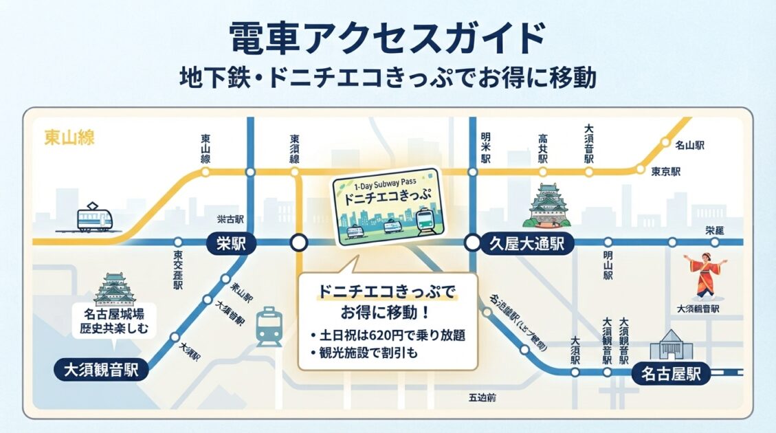 名古屋市営地下鉄を使った栄駅・久屋大通駅へのアクセスとドニチエコきっぷ案内の路線図