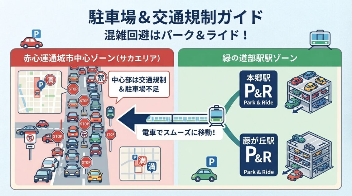 栄周辺の交通規制と本郷駅・藤が丘駅などを活用するパーク&ライド駐車場図解