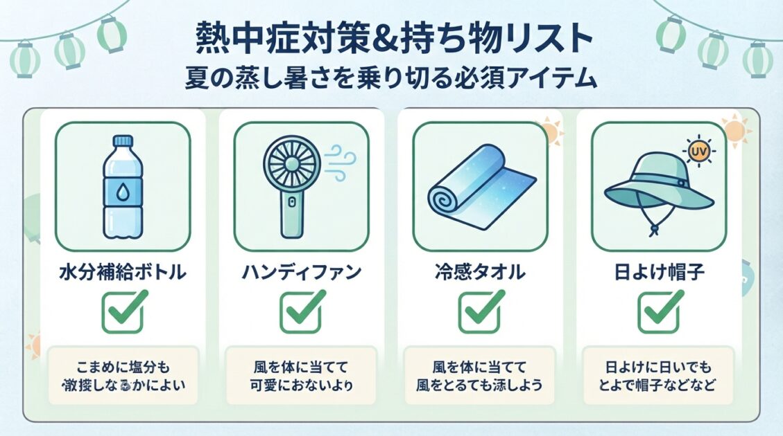 ハンディファンや冷感タオルなど夏のどまつりを快適に過ごすための熱中症対策チェックリスト
