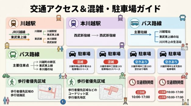川越まつりの交通アクセスと駐車場ガイドインフォグラフィック