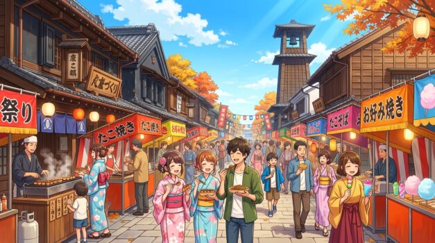 川越の蔵造りの街並みと賑わう屋台のイラスト