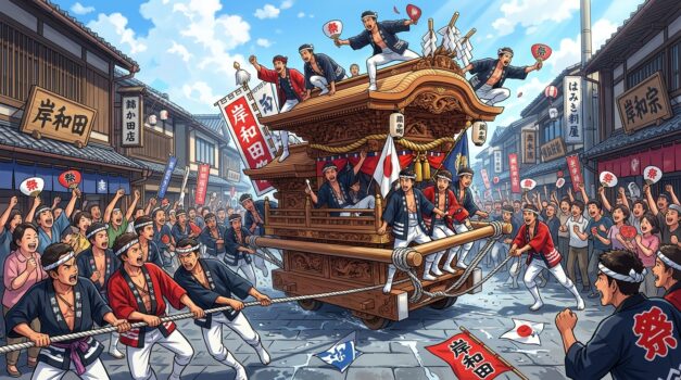 岸和田だんじり祭のダイナミックな「やりまわし」の風景イラスト