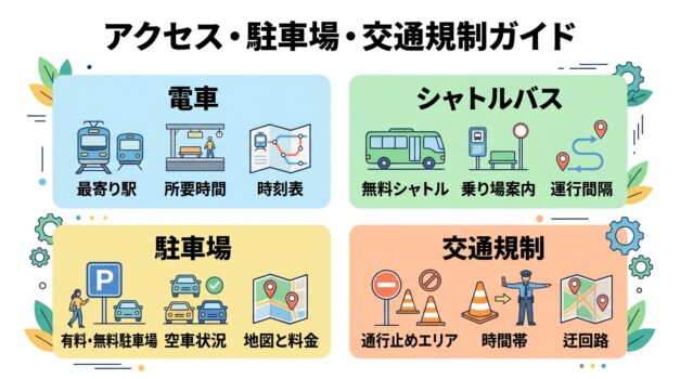 高知よさこい祭りのアクセス・駐車場・交通規制インフォグラフィック