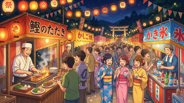 夜の屋台街で賑わう高知の夏祭りの風景