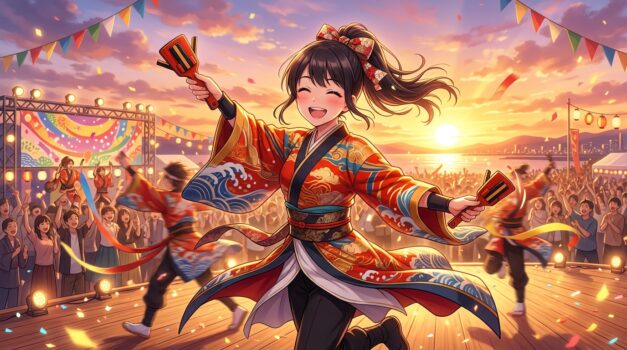 夕暮れ時に鳴子を手にして笑顔を見せるよさこい踊り子