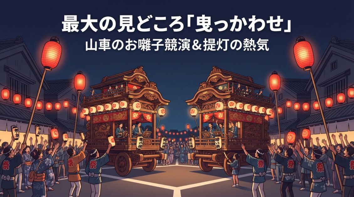 川越まつり最大のハイライト「曳っかわせ」のお囃子競演と提灯の熱気を紹介するイラスト