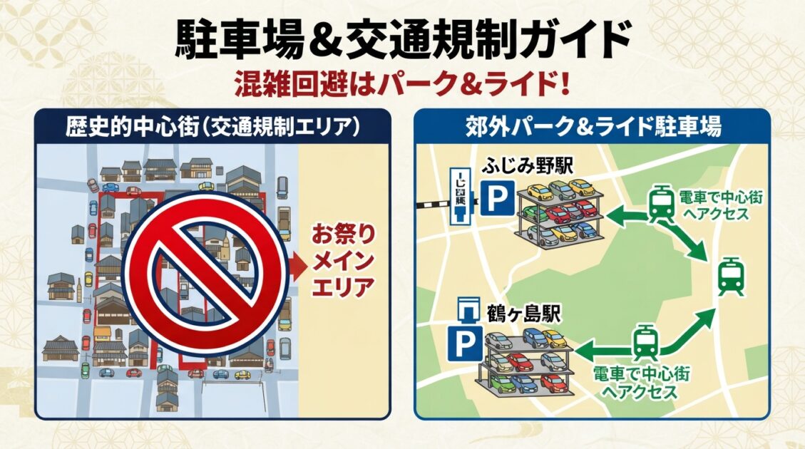 川越市内の交通規制エリアとふじみ野駅などを活用するパーク＆ライド駐車場図解