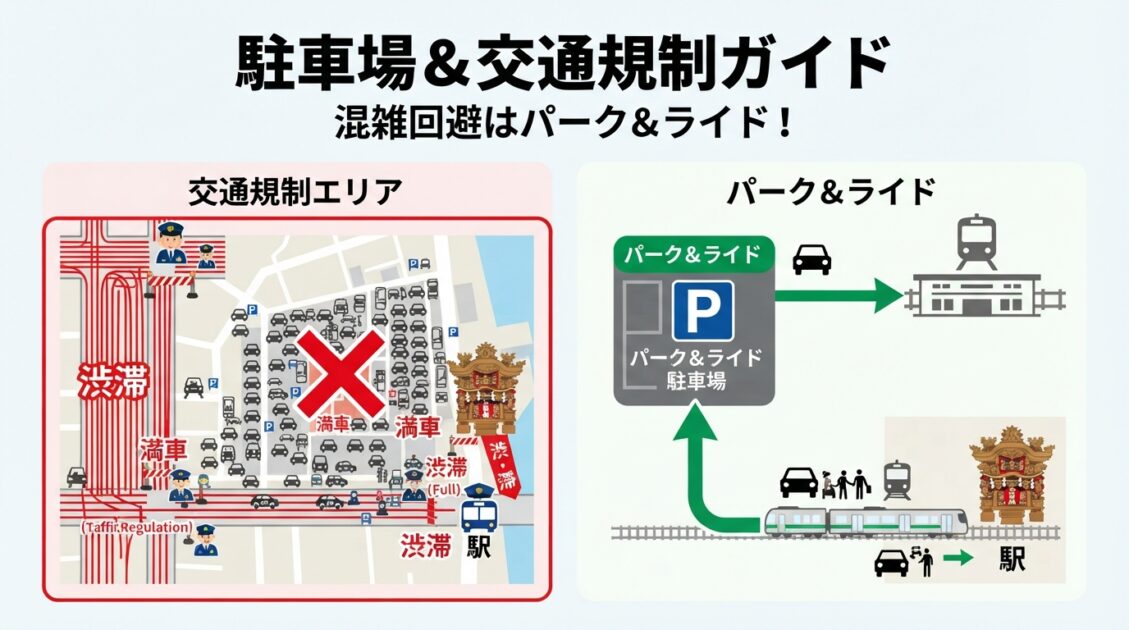 岸和田だんじり祭の交通規制エリアとパーク&ライドおすすめ駐車場図解