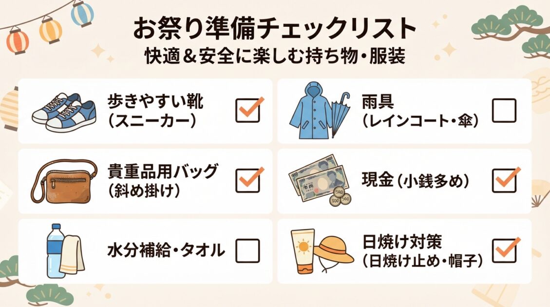 スニーカーやレインコートなどだんじり祭初参加のための持ち物・服装チェックリスト