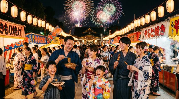家族で楽しむ夏祭りと花火大会の様子