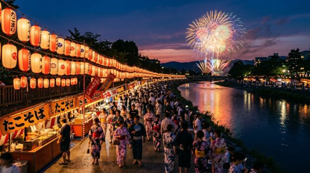 夏祭り会場の美しい夜景と提灯風景
