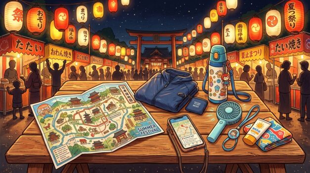 夏祭りの持ち物や準備を表したイメージ図