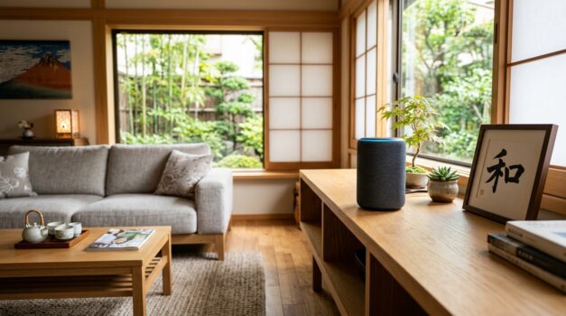 日本のリビングルームにあるスマートスピーカーの高品質な画像