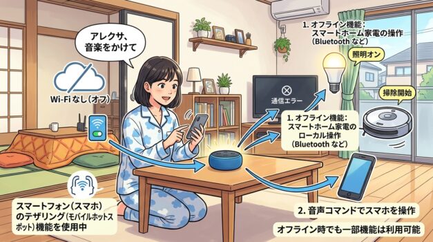 Wi-Fiなしでアレクサを使う日本の家庭のイラスト