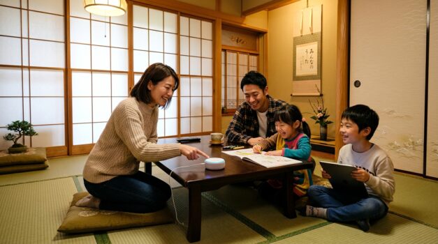 日本の和室でアレクサを使う家族の写真