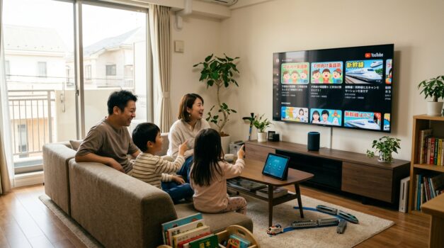 現代的なリビングルームでアレクサを使ってYouTubeを再生する日本の家族
