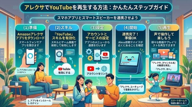 アレクサでYouTubeを再生するための手順を示す日本語のインフォグラフィック