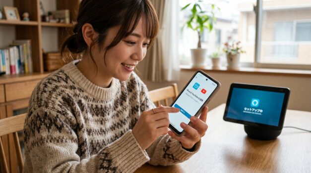 アレクサとYouTubeを接続するためにスマートフォンを使う日本人のクローズアップ