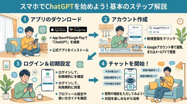 スマートフォンでのChatGPT基本設定手順を説明する日本語インフォグラフィック