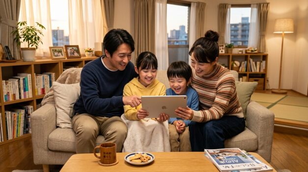 日本の家庭でタブレットを使ってChatGPTを利用する家族