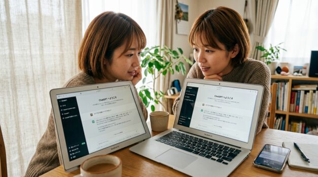 ノートパソコンでChatGPTのインターフェースを見ている日本人女性