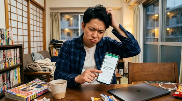 スマートフォンでChatGPTの技術的な問題に直面している日本人男性