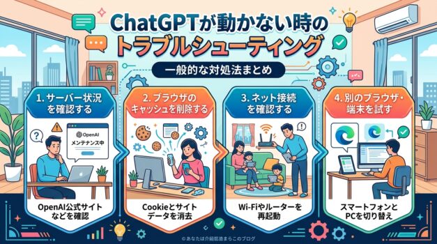 ChatGPTの一般的なトラブルシューティング手順を示す日本語インフォグラフィック