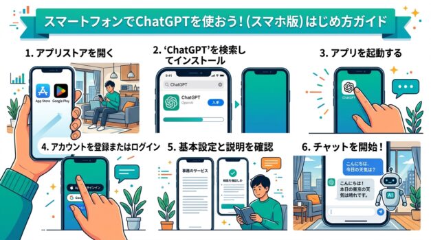 スマホでChatGPTを設定する手順を示す日本語インフォグラフィック