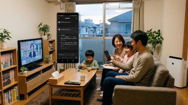 リビングでスマホを使ってChatGPTを利用する日本の家族