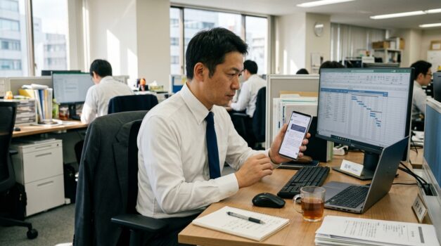 デスクでスマホを使ってChatGPTを活用する日本のオフィスワーカー