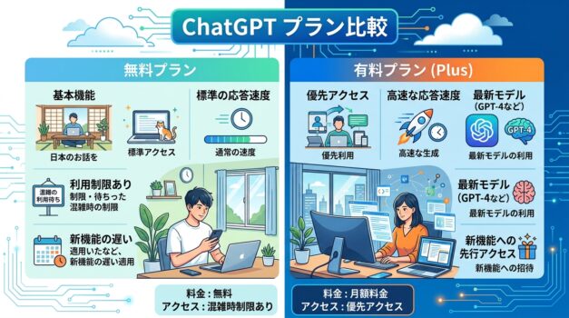 ChatGPTの有料プランと無料プランの違いを示すインフォグラフィック