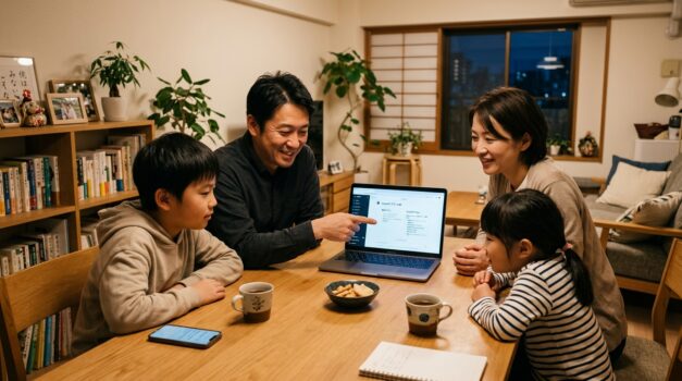 日本の家族が自宅でChatGPTプランを検討している様子