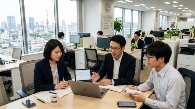日本のオフィスでAIツールについて話し合う社員たち