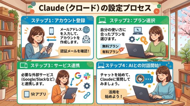 Claudeの設定方法を示す日本語インフォグラフィック
