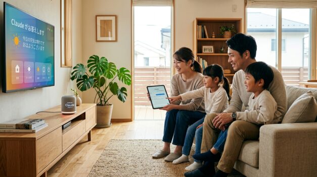 現代的な日本のリビングでスマートホームデバイスを使う日本の家族