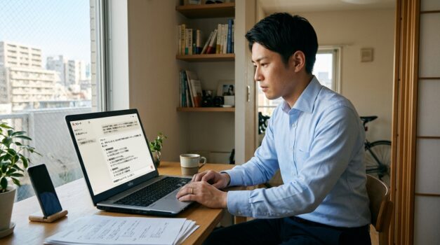 日本のオフィスワーカーがノートパソコンでClaudeを使用している様子