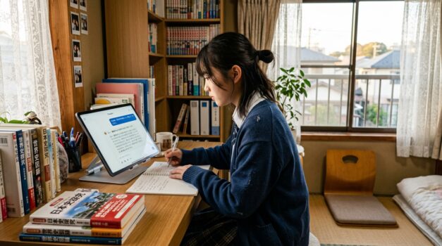 日本の勉強部屋でタブレットを使ってClaudeと勉強する日本の学生