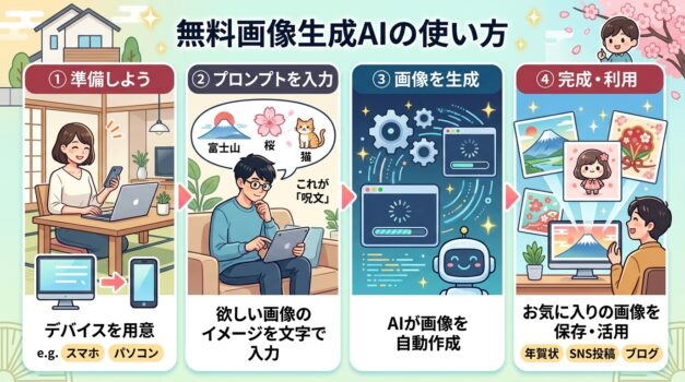 無料画像生成AIの使い方を説明する日本語インフォグラフィック