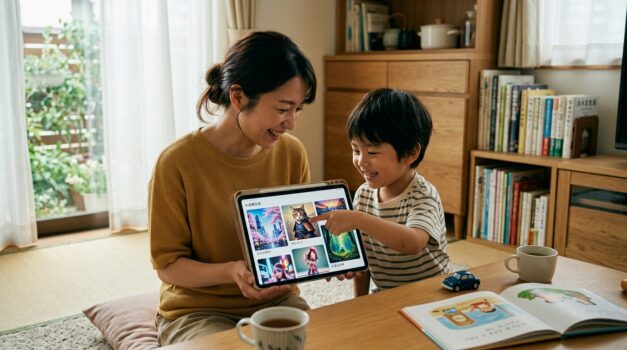 日本の母と子がタブレットでAI生成画像を見ている