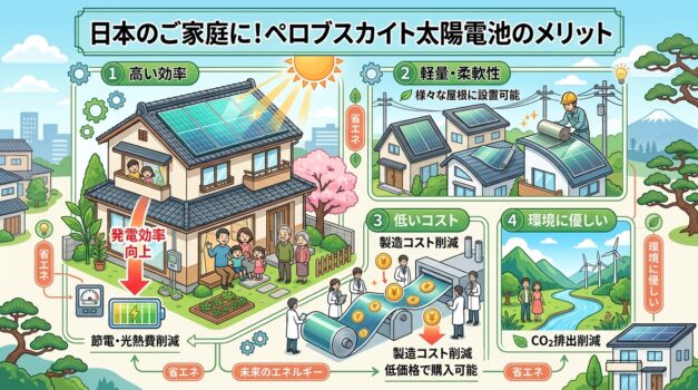 ペロブスカイト太陽電池の利点を示す日本語インフォグラフィック