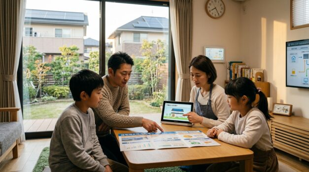日本の家庭で太陽エネルギーの選択肢を話し合う家族