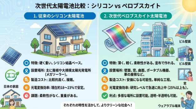 従来のソーラーパネルとペロブスカイト太陽電池の比較インフォグラフィック