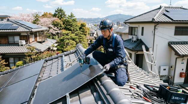 屋根にペロブスカイト太陽パネルを設置する日本人技術者