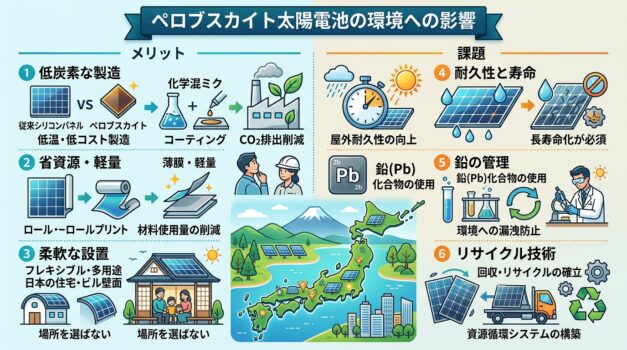 ペロブスカイト太陽電池の環境影響を示す日本語インフォグラフィック